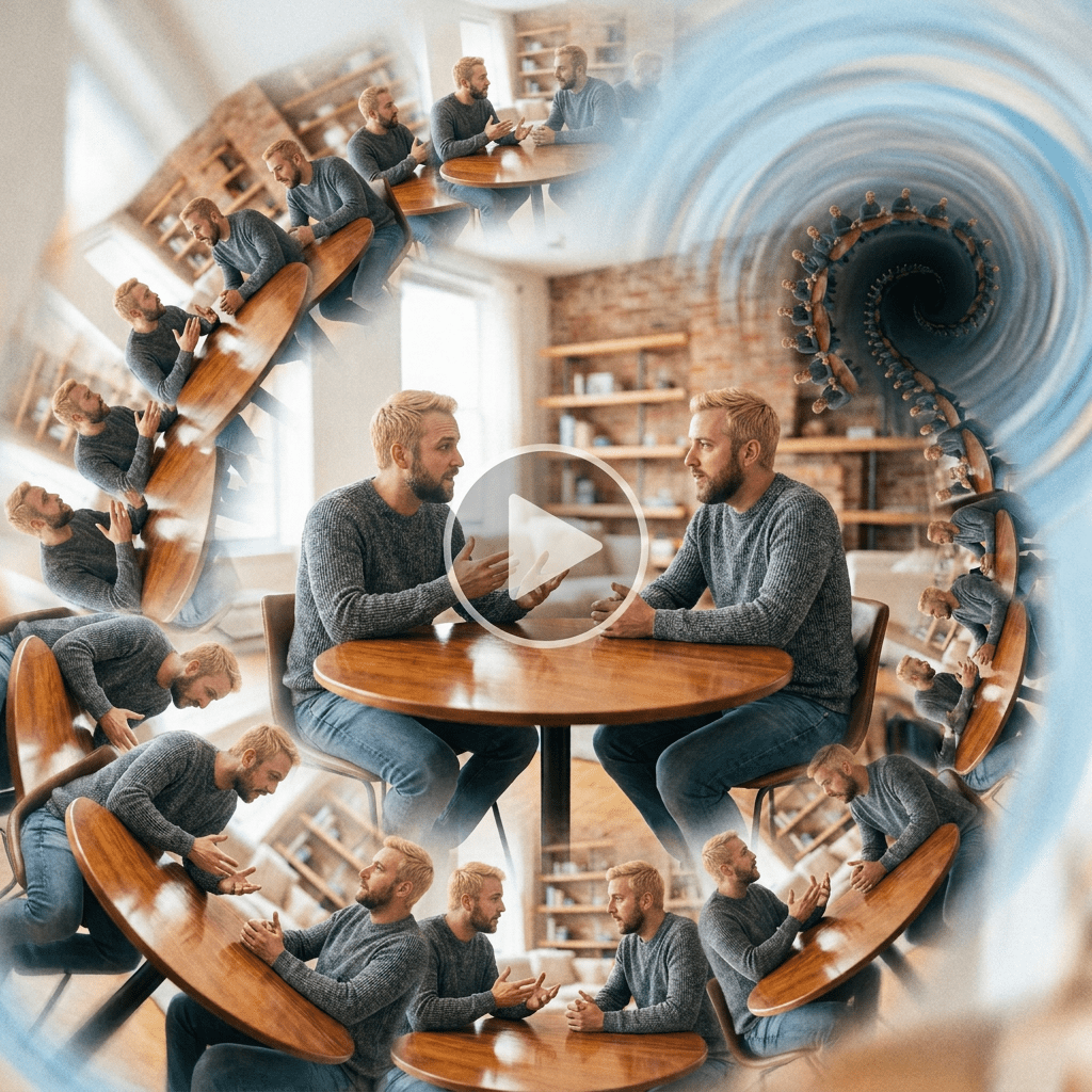Two men talking at a café table surrounded by spiraling repeated scenes